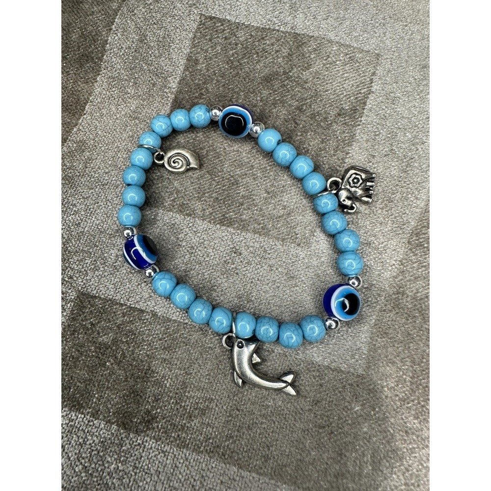 Blue Beaded Evil Eye Charm Stretch Bracelet Dolphin Elephant Womens Jewelry